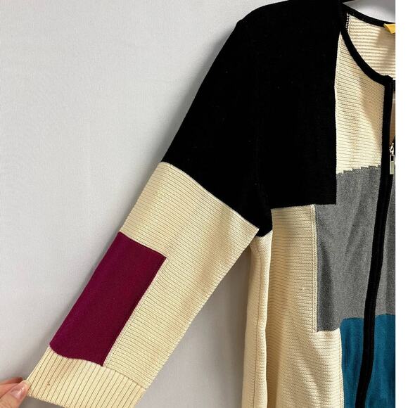 ST JOHN Cream Colorblocks Full Zip Wool Knit Sweater Long Sleeve Size Medium - Picture 5 of 10